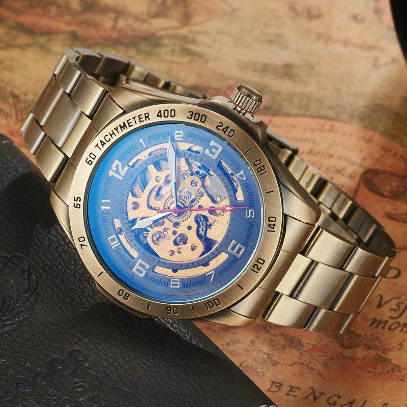 NEW - Mens Gold Mechanical Skeleton Steampunk Genuine Leather Watch - The Jewellery Supermarket