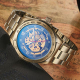 NEW - Mens Gold Mechanical Skeleton Steampunk Genuine Leather Watch - The Jewellery Supermarket