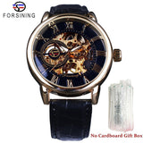 Luxury Men Gold Hollow Engraving Black Leather Skeleton Mechanical Watches - The Jewellery Supermarket
