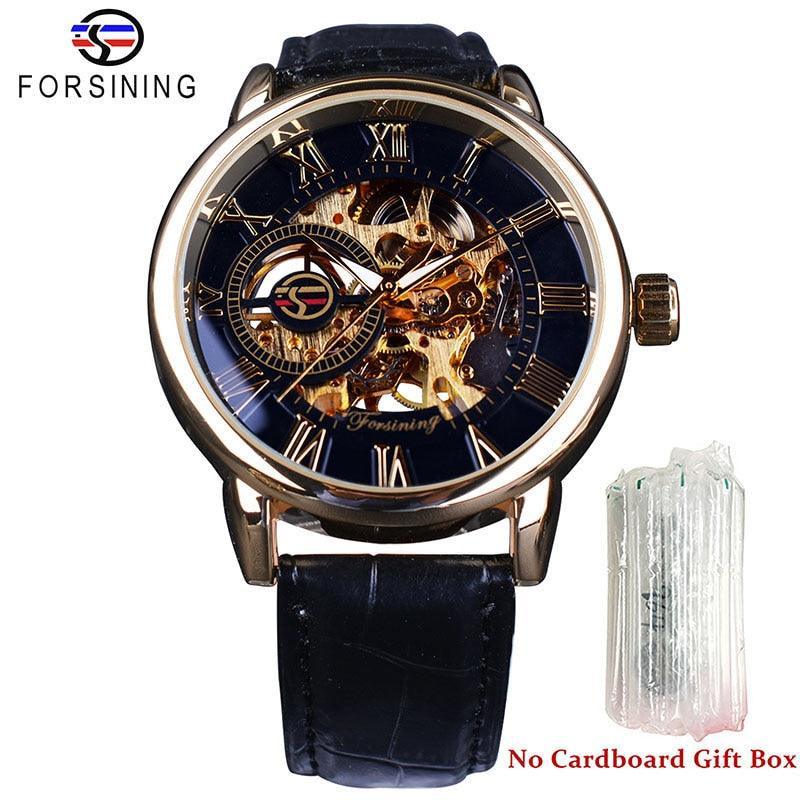 NEW - Luxury Men Gold Hollow Engraving Black Leather Skeleton Mechanical Watches - The Jewellery Supermarket