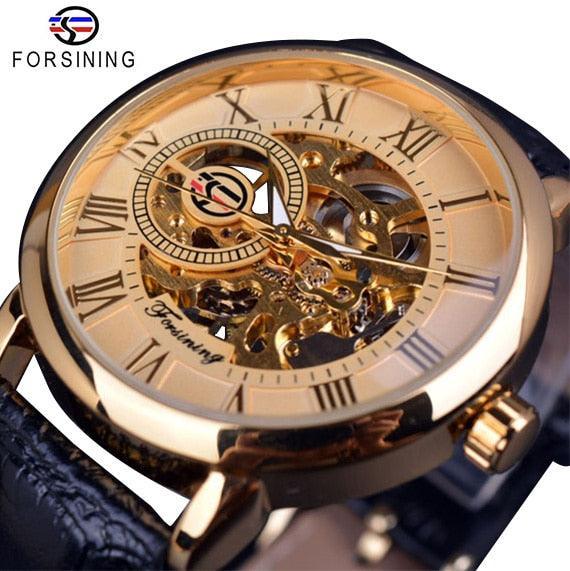 Luxury Men Gold Hollow Engraving Black Leather Skeleton Mechanical Watches - The Jewellery Supermarket
