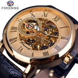 Luxury Men Gold Hollow Engraving Black Leather Skeleton Mechanical Watches - The Jewellery Supermarket