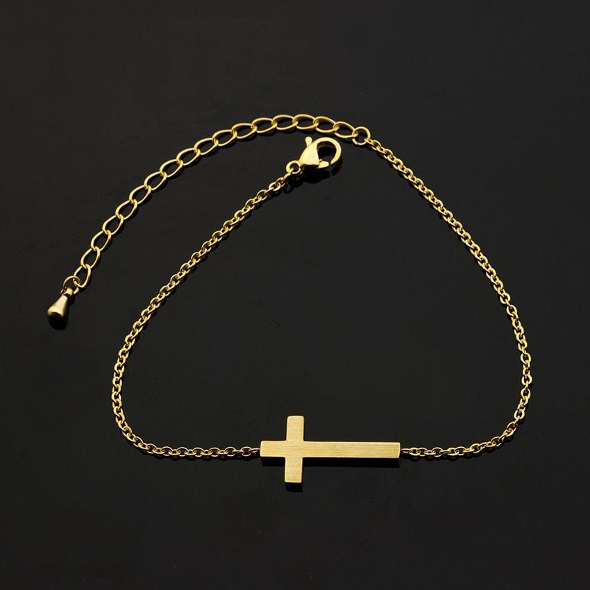 Crucifix Jesus Christian Horizontal Sideways Cross Charm Bracelets for Women - Stainless Steel Religious Jewellery - The Jewellery Supermarket