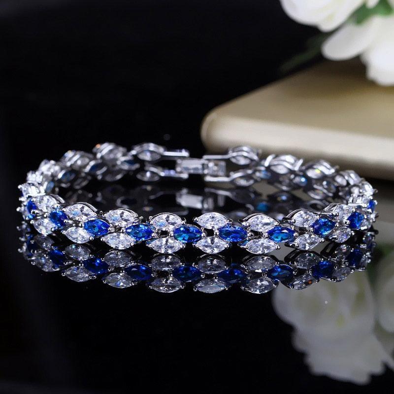 DAZZLING Trendy Royal Big Marquise Blue AAA+ Cubic Zirconia Simulated Diamonds Silver Color Tennis Bracelet - The Jewellery Supermarket