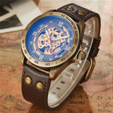 NEW - Mens Gold Mechanical Skeleton Steampunk Genuine Leather Watch - The Jewellery Supermarket