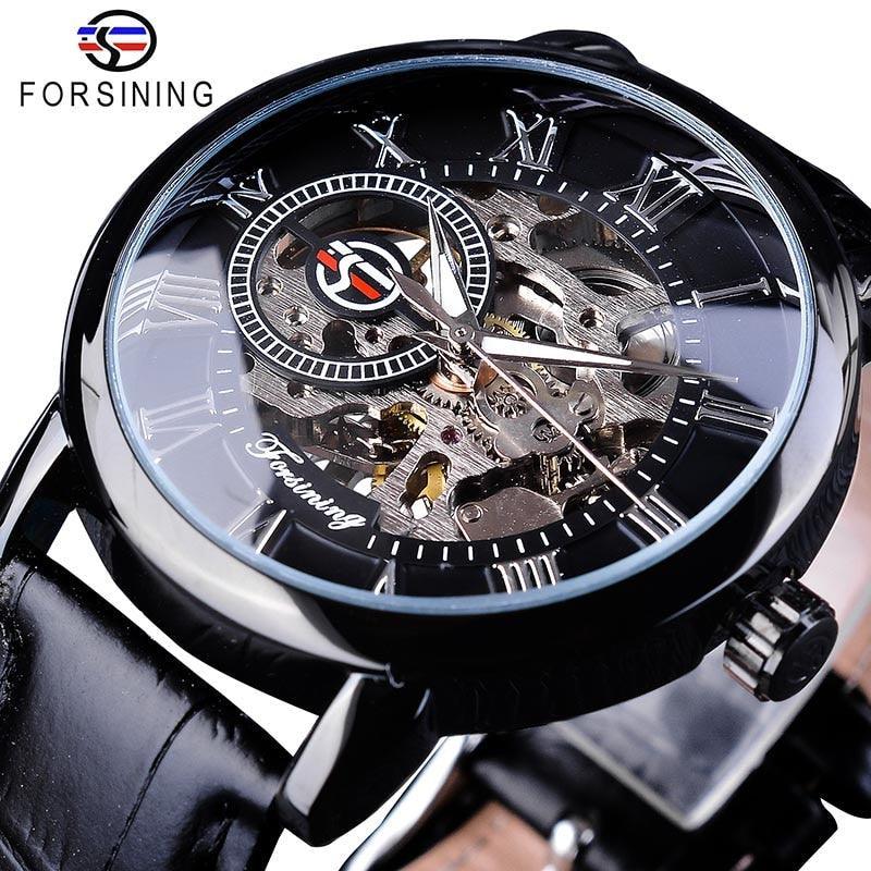 Luxury Men Gold Hollow Engraving Black Leather Skeleton Mechanical Watches - The Jewellery Supermarket