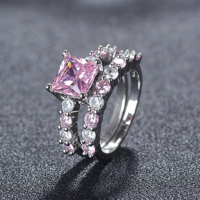 Adorable Luxury Pink AAA+ Cubic Zirconia Princess Cut Ring Set - The Jewellery Supermarket