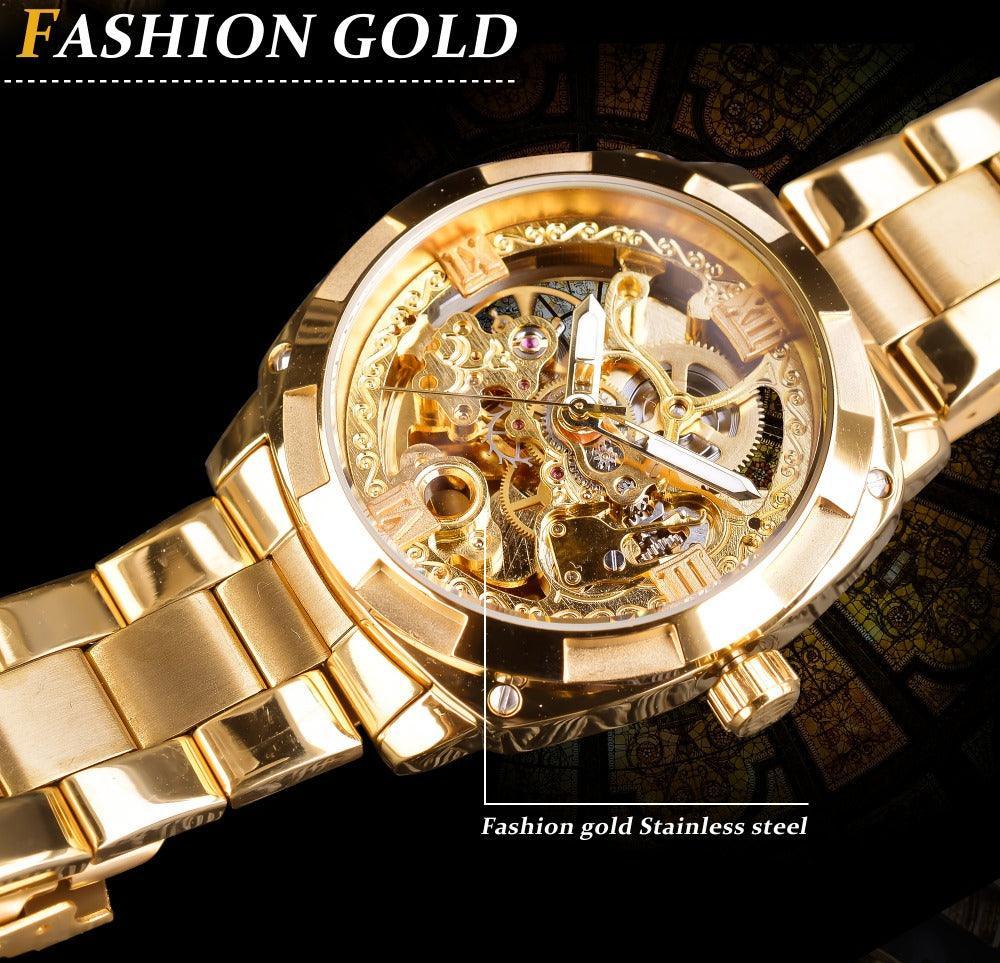 NEW - Luxury Men Golden Luminous Hands Skeleton Transparent Retro Watch - The Jewellery Supermarket