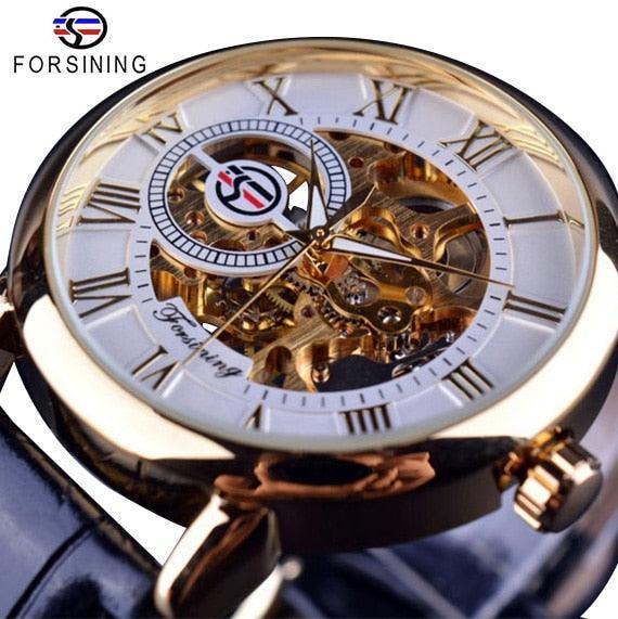NEW - Luxury Men Gold Hollow Engraving Black Leather Skeleton Mechanical Watches - The Jewellery Supermarket