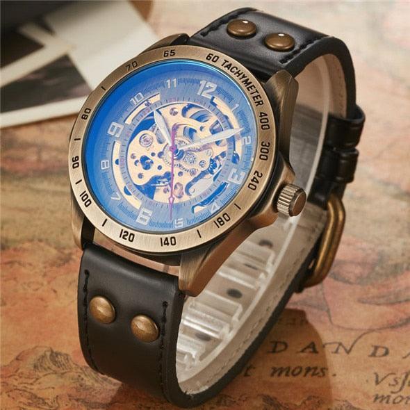 NEW - Mens Gold Mechanical Skeleton Steampunk Genuine Leather Watch - The Jewellery Supermarket