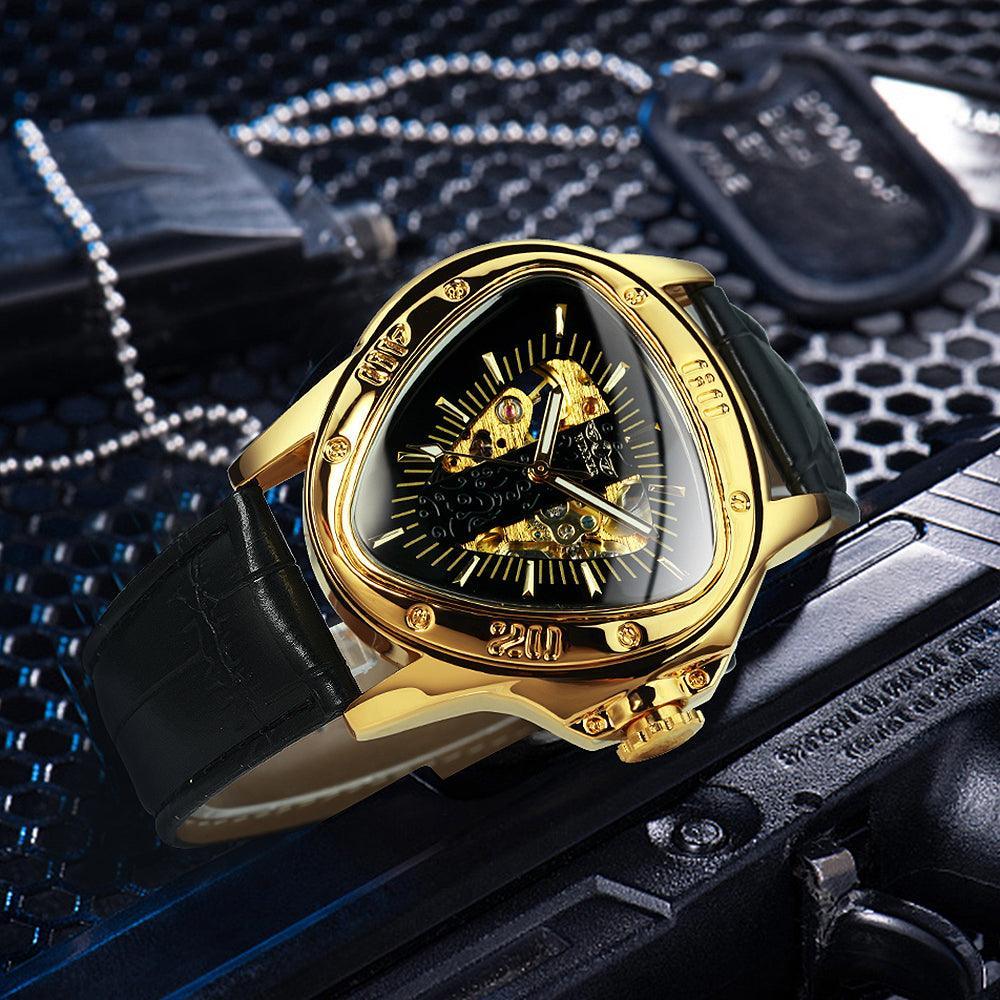 NEW - Men Golden Triangle Skeleton Mechanical Automatic Sport Watch - The Jewellery Supermarket