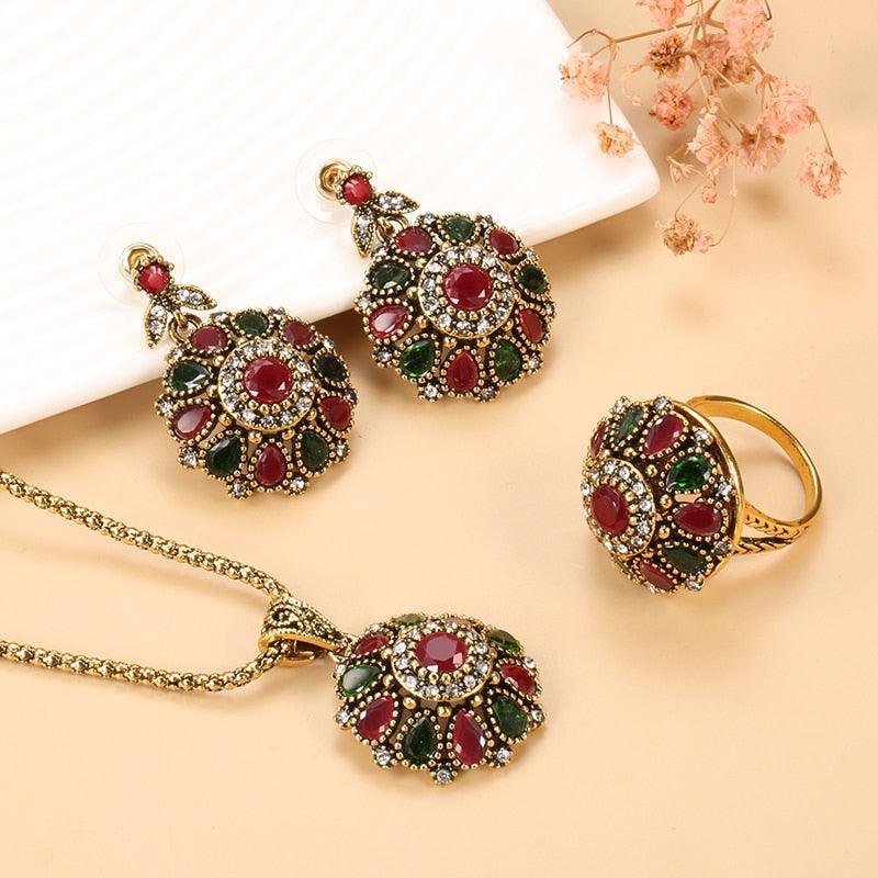 NEW ARRIVAL - Fashion Antique Gold Ethnic Style Crystal Flower Earring Ring Boho Jewellery Sets - The Jewellery Supermarket