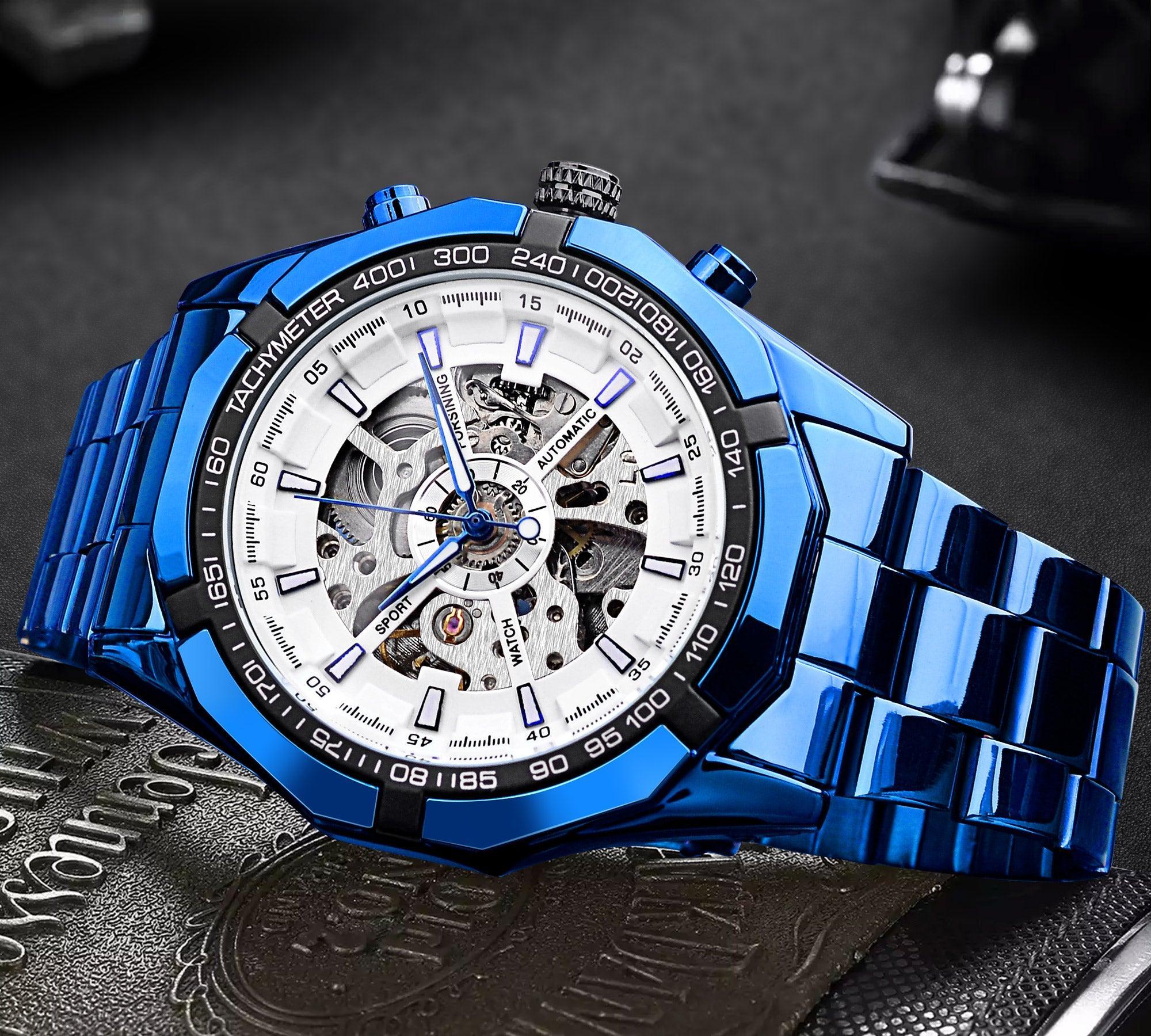 NEW - Luxury Mens Stainless Steel Skeleton Mechanical Waterproof Watch - The Jewellery Supermarket