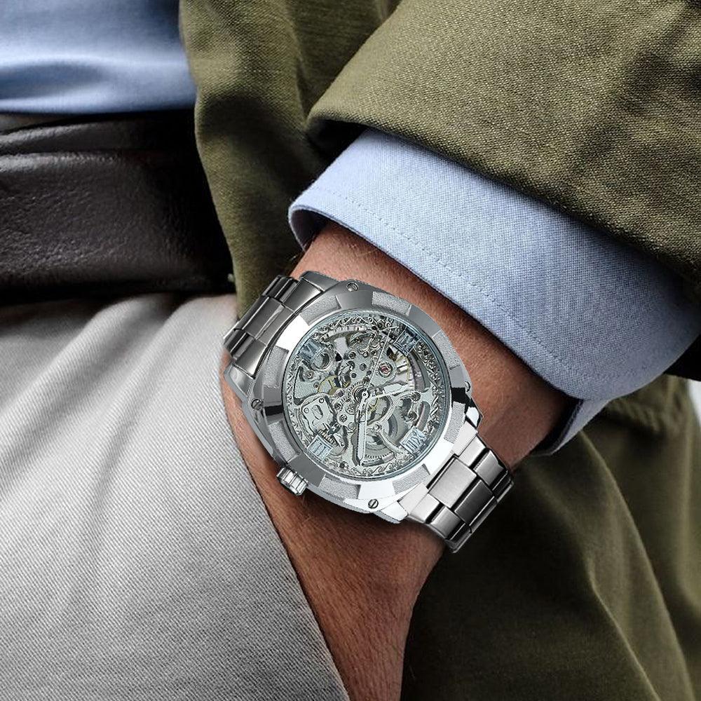 BEST GIFTS Luxury Mens Transparent Skeleton Mechanical Automatic Engraving Relogio Masculino Watch - The Jewellery Supermarket