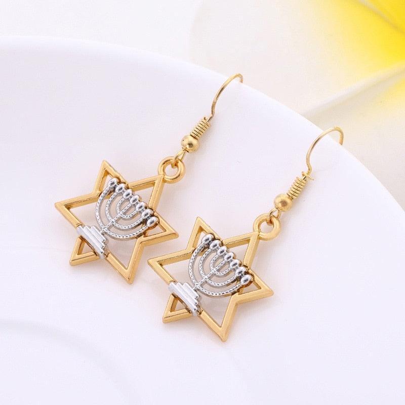 NEW Star Of David Candlestick Menorah Dangle Hanukkah Religious Earrings for Women - The Jewellery Supermarket