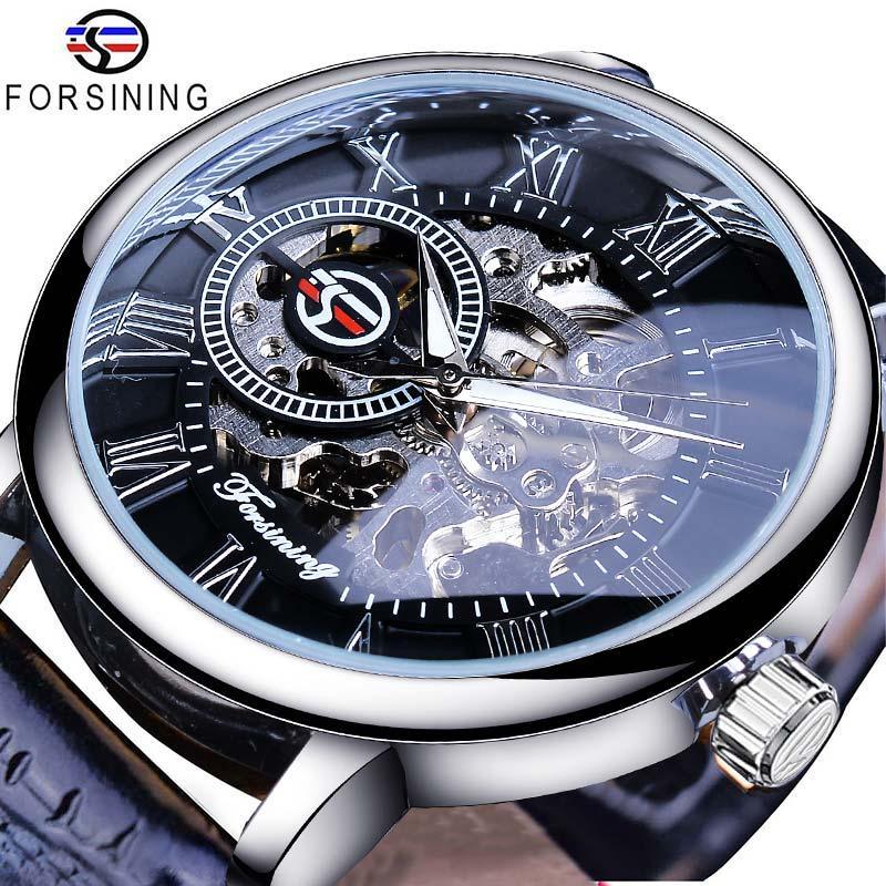 NEW - Luxury Men Gold Hollow Engraving Black Leather Skeleton Mechanical Watches - The Jewellery Supermarket