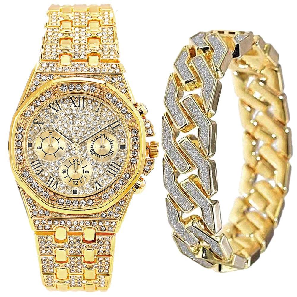 NEW Luxury Top Brand  2pcs Gold Colour Cuban Chain Male Bling Iced Out Wristwatch Bracelet for Men - The Jewellery Supermarket
