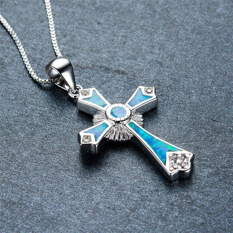 Fashion Necklace Charm White/Green/Blue Imitation Fire Opal Cross Unisex Pendants Necklaces - 
 Religious Jewellery - The Jewellery Supermarket