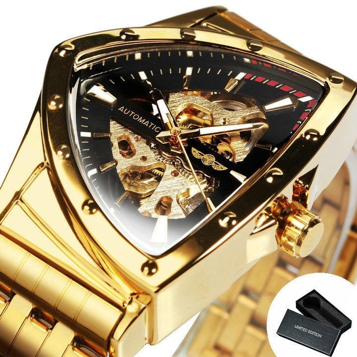 NEW - Luxury Men Gold Black Triangle Skeleton Automatic Mechanical Wristwatch Irregular Watch - The Jewellery Supermarket
