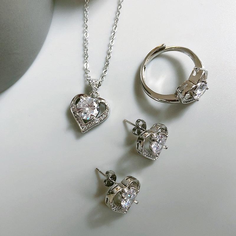 NEW Promise Ring Stud Earring Necklace Sterling Silver - 18KGP AAA Zircon Crystal Fashion Jewellery Set - The Jewellery Supermarket