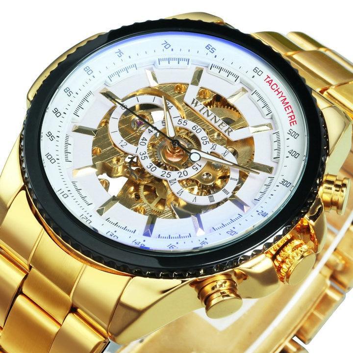 NEW - Luxury Men Silver Gold Skeleton Automatic Mechanical Wrist Military Watch - The Jewellery Supermarket