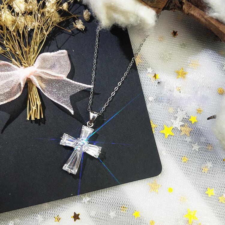 Charming Silver Colour Luxury Women White Crystal Pendant Necklace - Cute Cross Religious Necklace - The Jewellery Supermarket