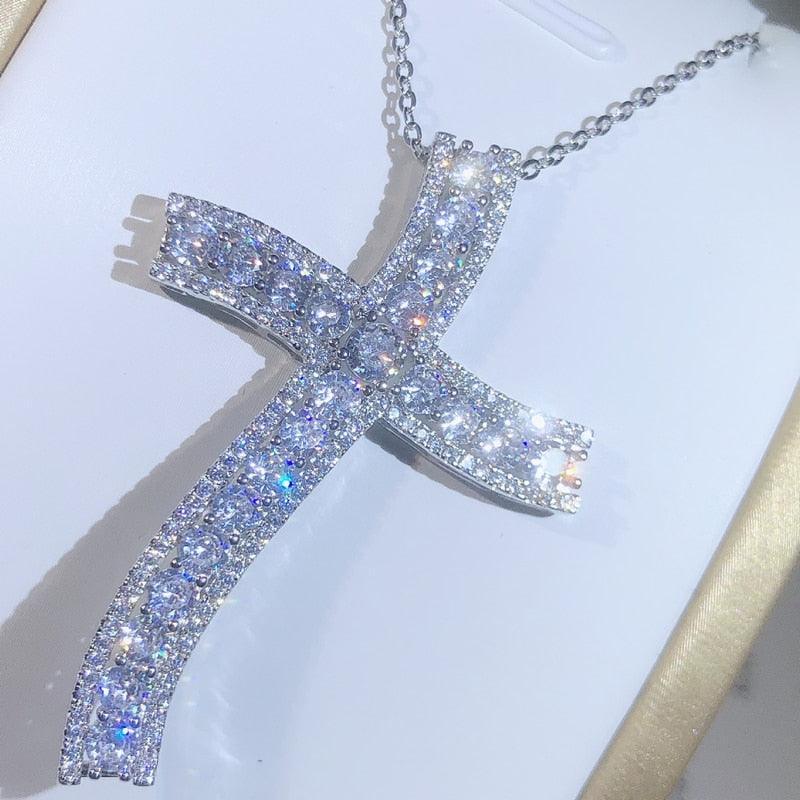 Luxury 925 Silver Cross Pendant With AAA+ Zircon Diamonds Long Religious Statement Necklace - The Jewellery Supermarket