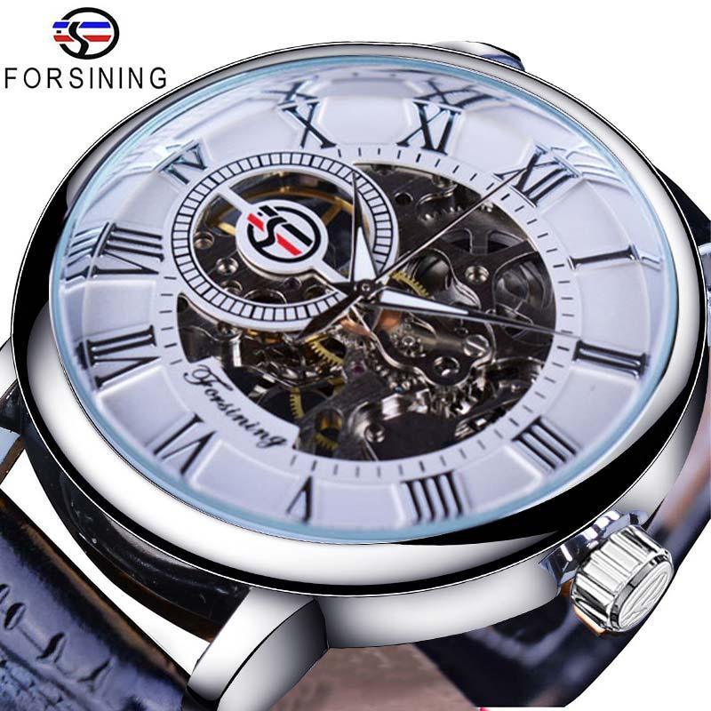 NEW - Luxury Men Gold Hollow Engraving Black Leather Skeleton Mechanical Watches - The Jewellery Supermarket