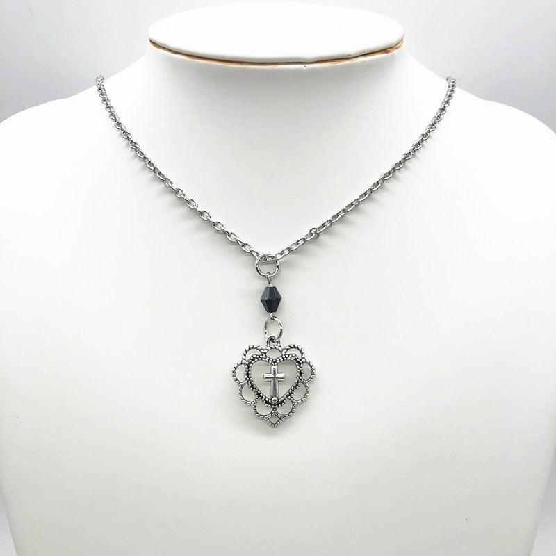 Gothic Punk Style Hollow Heart Cross Pendant Necklace - Religious Dark Art Goth Jewellery Necklaces For Women - The Jewellery Supermarket