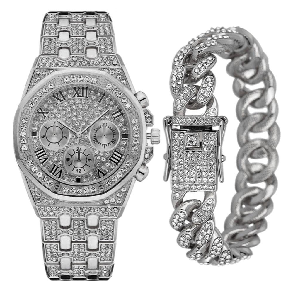 NEW Luxury Top Brand  2pcs Gold Colour Cuban Chain Male Bling Iced Out Wristwatch Bracelet for Men - The Jewellery Supermarket