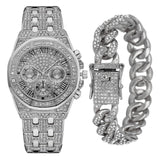 NEW Luxury Top Brand  2pcs Gold Colour Cuban Chain Male Bling Iced Out Wristwatch Bracelet for Men - The Jewellery Supermarket