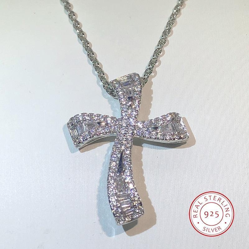 Classic Handmade Big Cross 925 Sterling Silver AAA+ Cubic Zirconia Diamonds Vintage Pendant Necklace - The Jewellery Supermarket