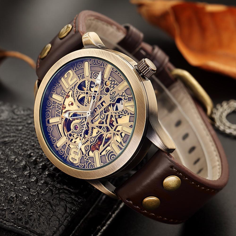 NEW - Mens Gold Mechanical Skeleton Steampunk Genuine Leather Watch - The Jewellery Supermarket