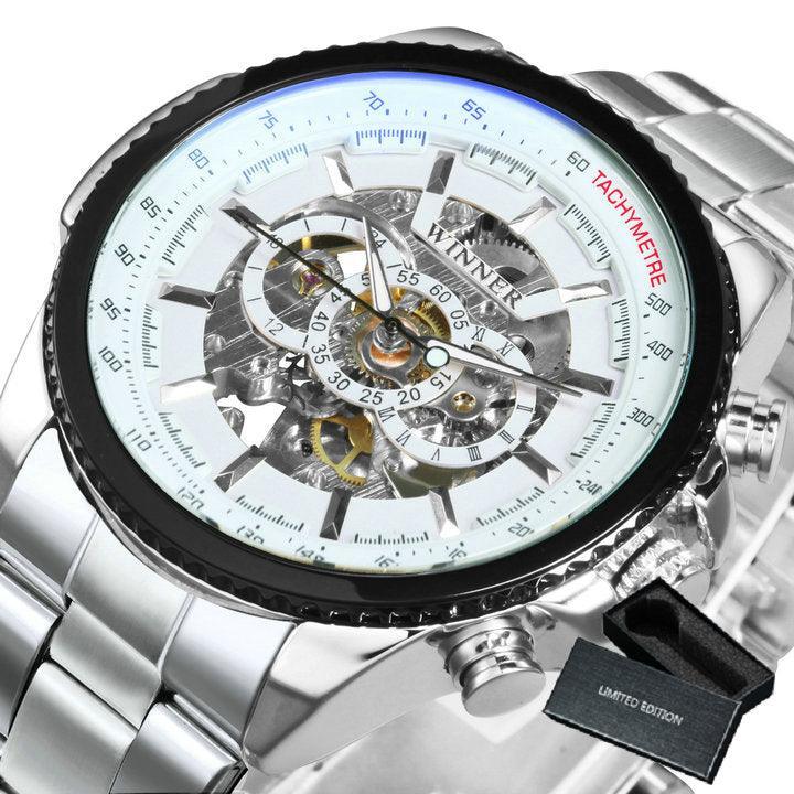 NEW - Luxury Men Silver Gold Skeleton Automatic Mechanical Wrist Military Watch - The Jewellery Supermarket