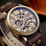 NEW - Mens Gold Mechanical Skeleton Steampunk Genuine Leather Watch - The Jewellery Supermarket