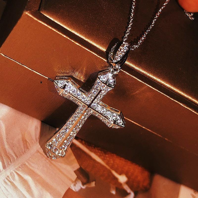 Fashion Vintage Handmade Big Cross AAA+ Cubic Zirconia Diamonds Sterling silver Pendant Necklace - The Jewellery Supermarket