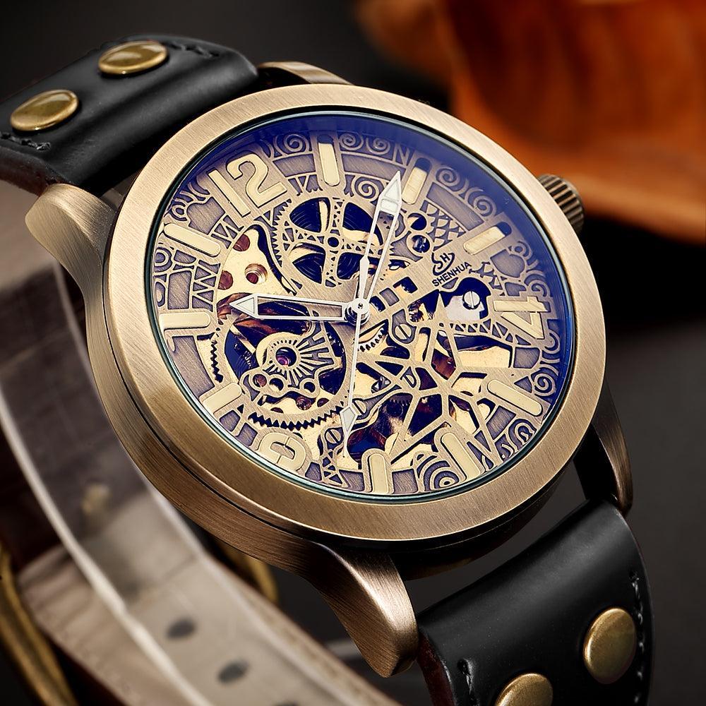 NEW - Mens Gold Mechanical Skeleton Steampunk Genuine Leather Watch - The Jewellery Supermarket