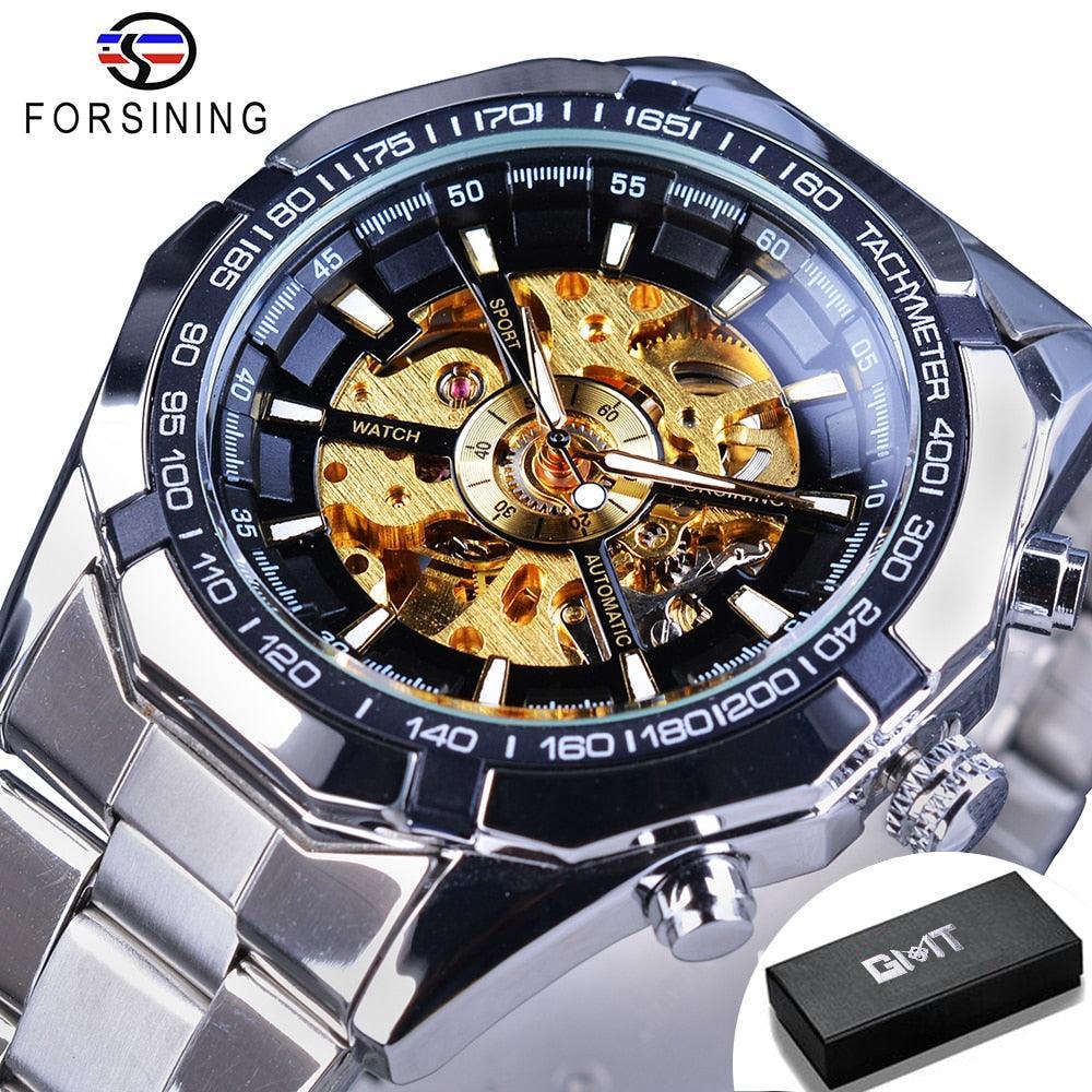 NEW - Luxury Mens Stainless Steel Skeleton Mechanical Waterproof Watch - The Jewellery Supermarket