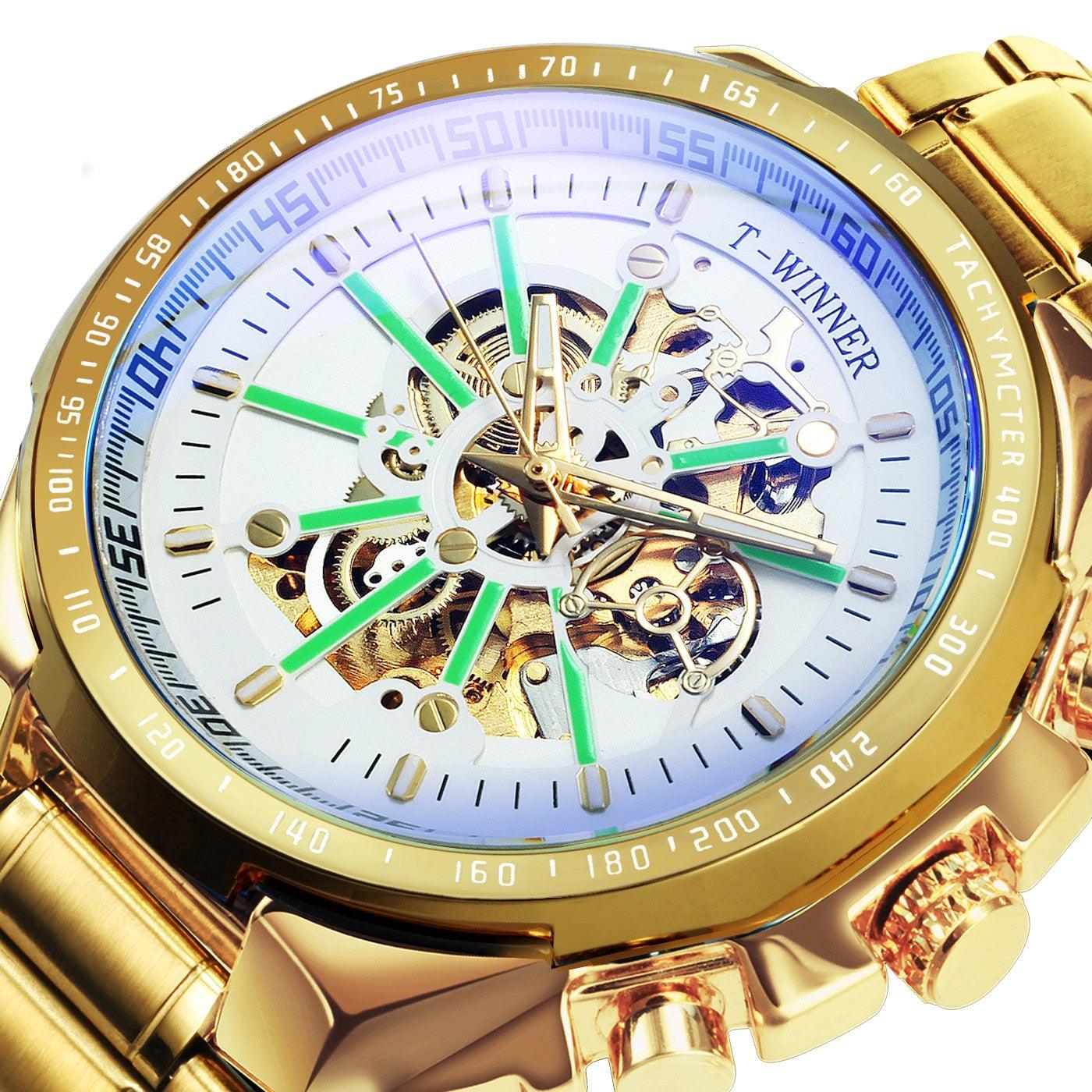 NEW - Luxury Men Gold Skeleton Luminous Military Automatic Mechanical Waterproof Watch - The Jewellery Supermarket