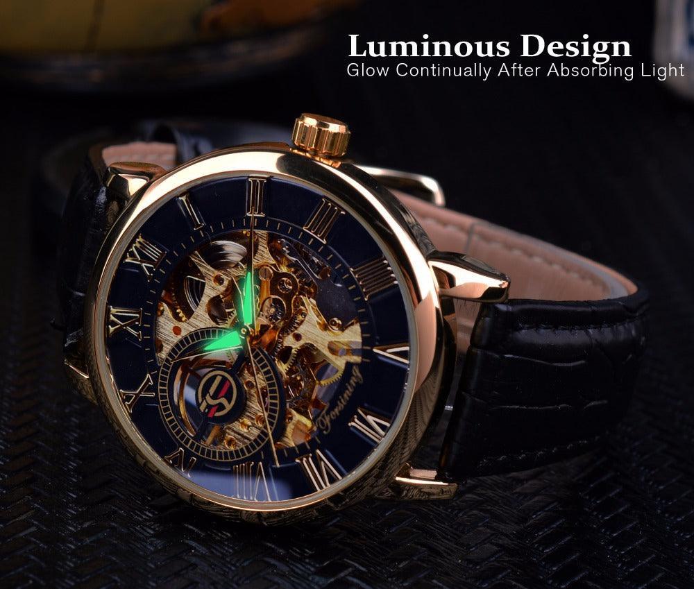 Luxury Men Gold Hollow Engraving Black Leather Skeleton Mechanical Watches - The Jewellery Supermarket