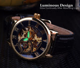 Luxury Men Gold Hollow Engraving Black Leather Skeleton Mechanical Watches - The Jewellery Supermarket