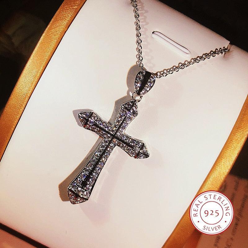 Fashion Vintage Handmade Big Cross AAA+ Cubic Zirconia Diamonds Sterling silver Pendant Necklace - The Jewellery Supermarket