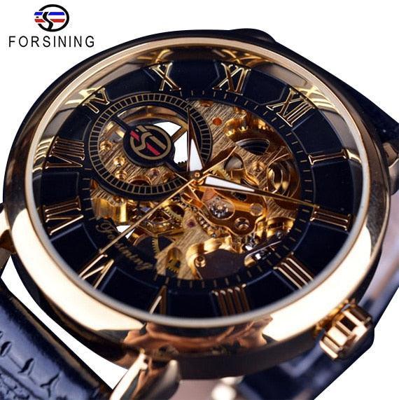 NEW - Luxury Men Gold Hollow Engraving Black Leather Skeleton Mechanical Watches - The Jewellery Supermarket