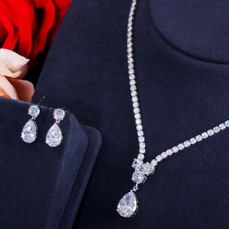 Fashion AAA+ Cubic Zirconia Diamonds Water Drop Pendant Necklace and Earrings Wedding Jewellery Sets - The Jewellery Supermarket