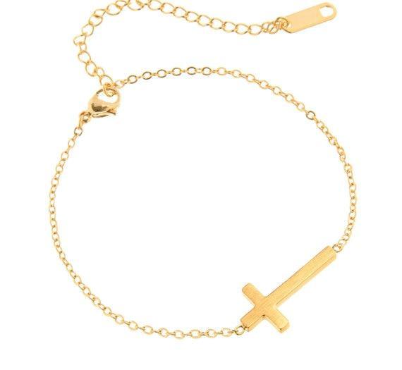 Crucifix Jesus Christian Horizontal Sideways Cross Charm Bracelets for Women - Stainless Steel Religious Jewellery - The Jewellery Supermarket
