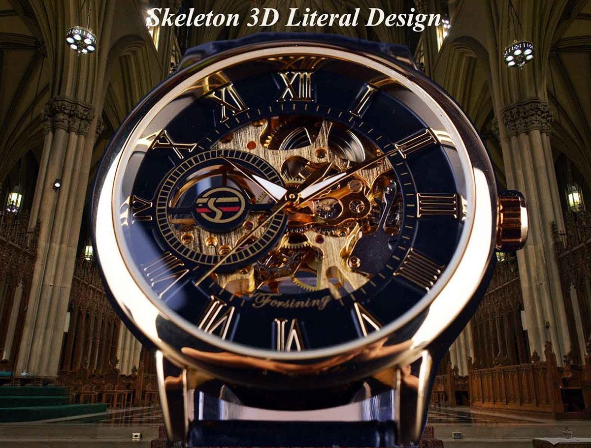 NEW - Luxury Men Gold Hollow Engraving Black Leather Skeleton Mechanical Watches - The Jewellery Supermarket