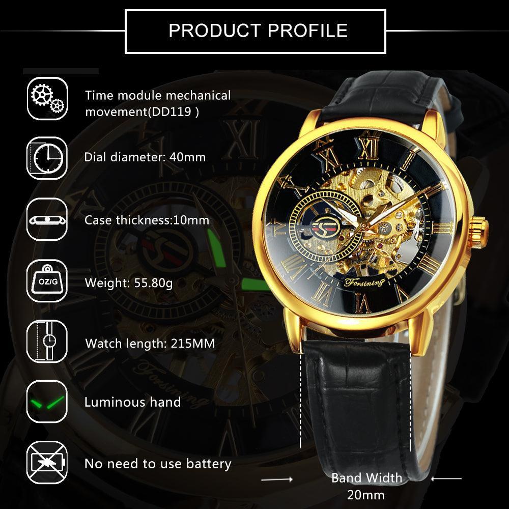 NEW - Luxury Mens Gold Mechanical Skeleton Leather Forsining 3d Hollow Watch - The Jewellery Supermarket