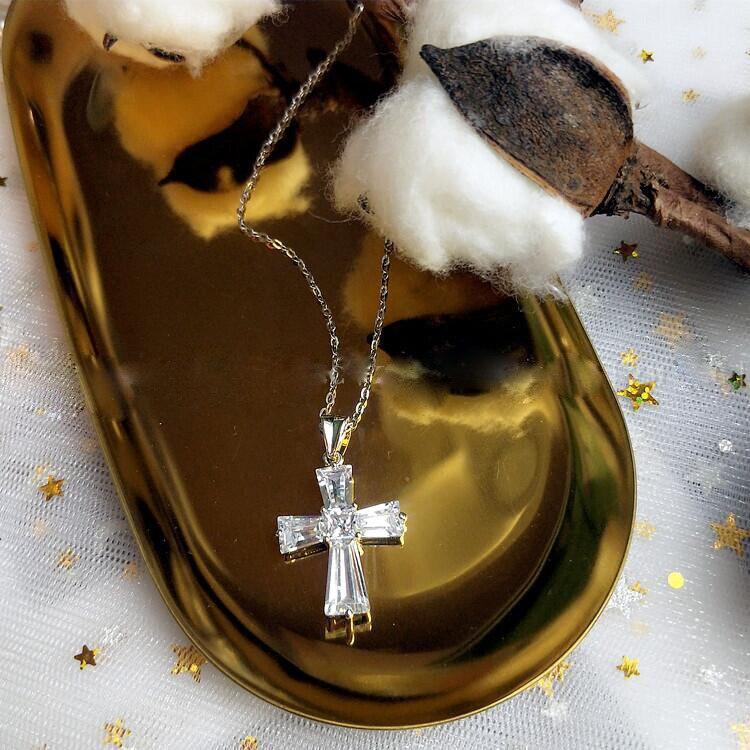 Charming Silver Colour Luxury Women White Crystal Pendant Necklace - Cute Cross Religious Necklace - The Jewellery Supermarket