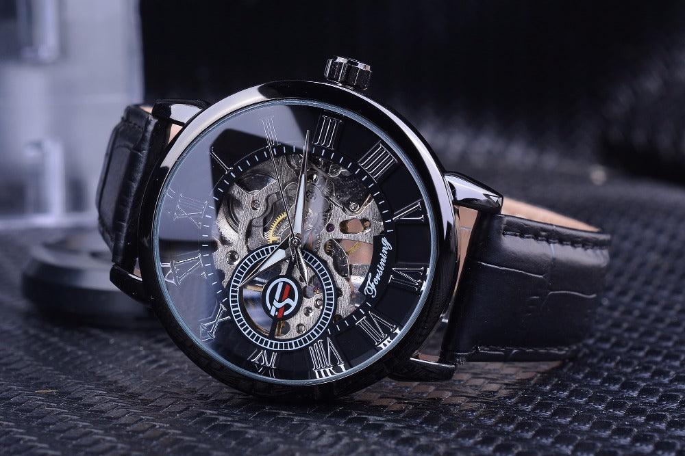 Luxury Men Gold Hollow Engraving Black Leather Skeleton Mechanical Watches - The Jewellery Supermarket