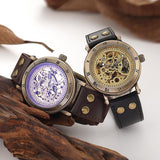 NEW - Mens Gold Mechanical Skeleton Steampunk Genuine Leather Watch - The Jewellery Supermarket